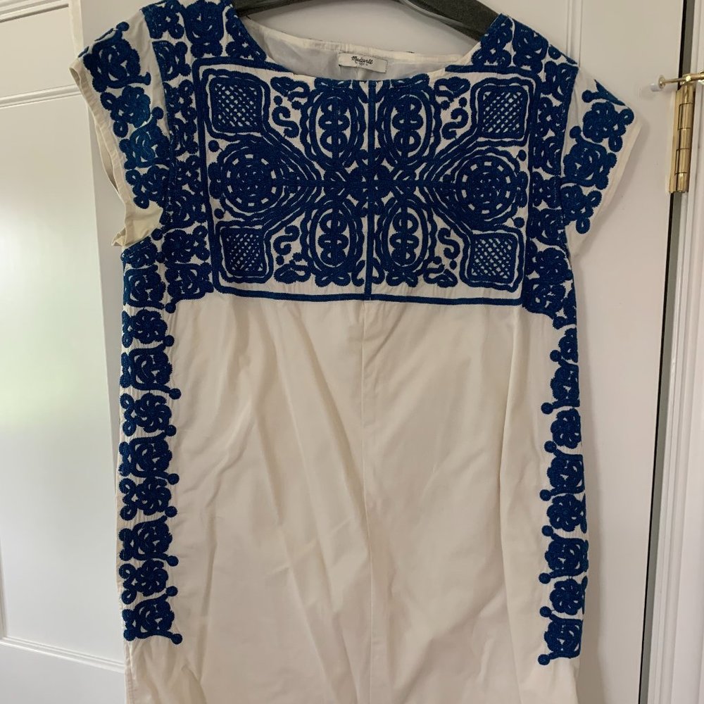 Madewell Cream Cotton Dress with Blue Embroidery